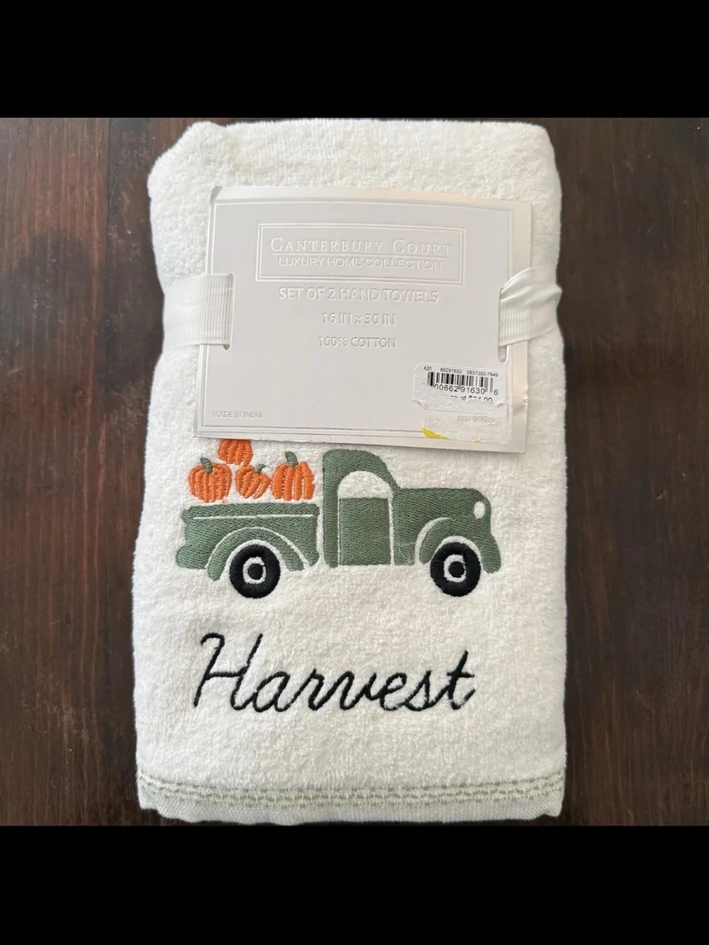White 'Harvest' Embroidered 2 Hand Towels with Green Truck and Orange Pumpkins